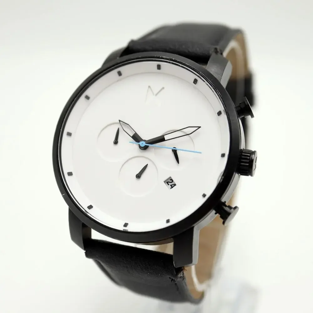 MVMT Men's 45mm Chronograph Minimal Watch White Black Faux Leather w New Battery